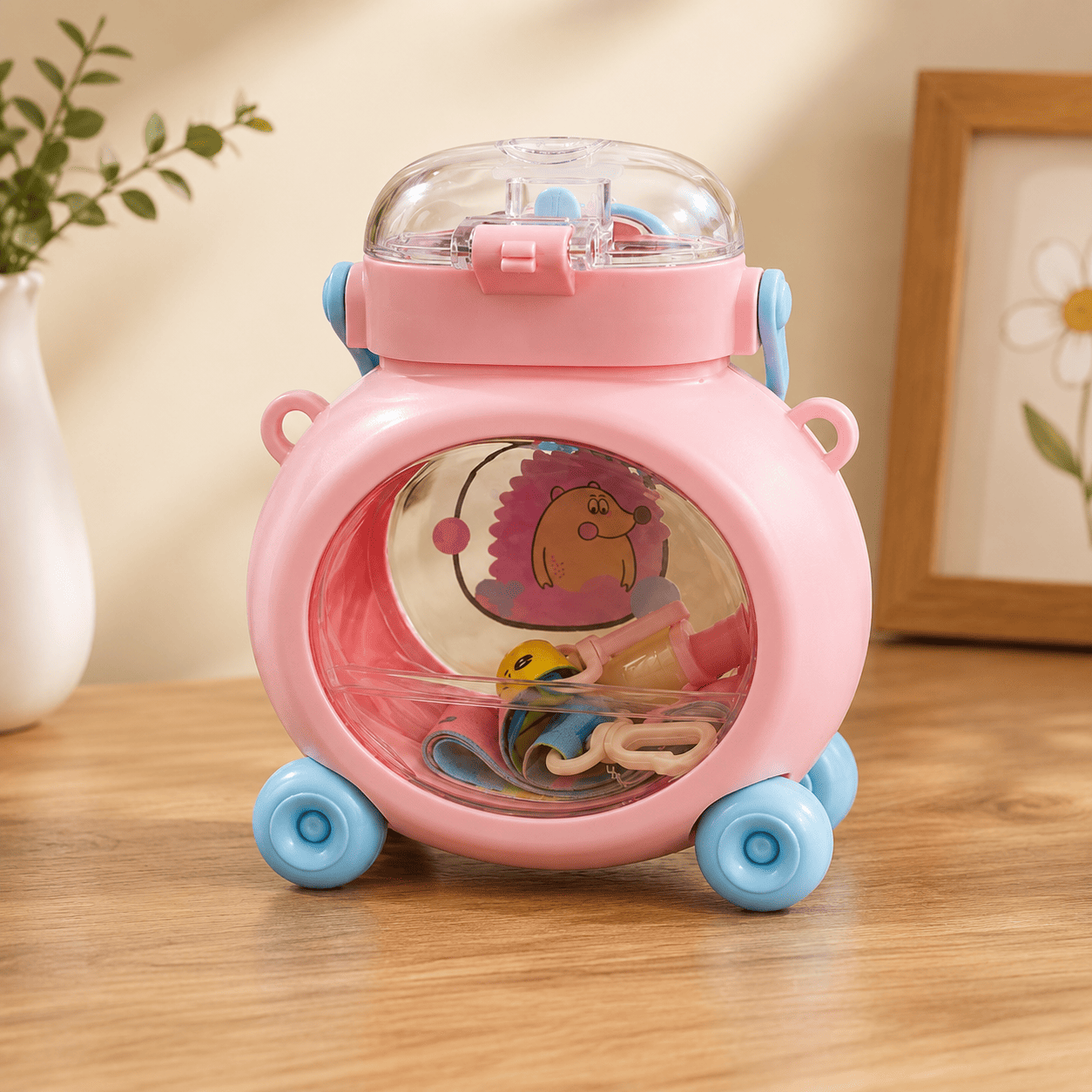 Cute Kids Mini Trolley Water Bottle with Straw – Pink