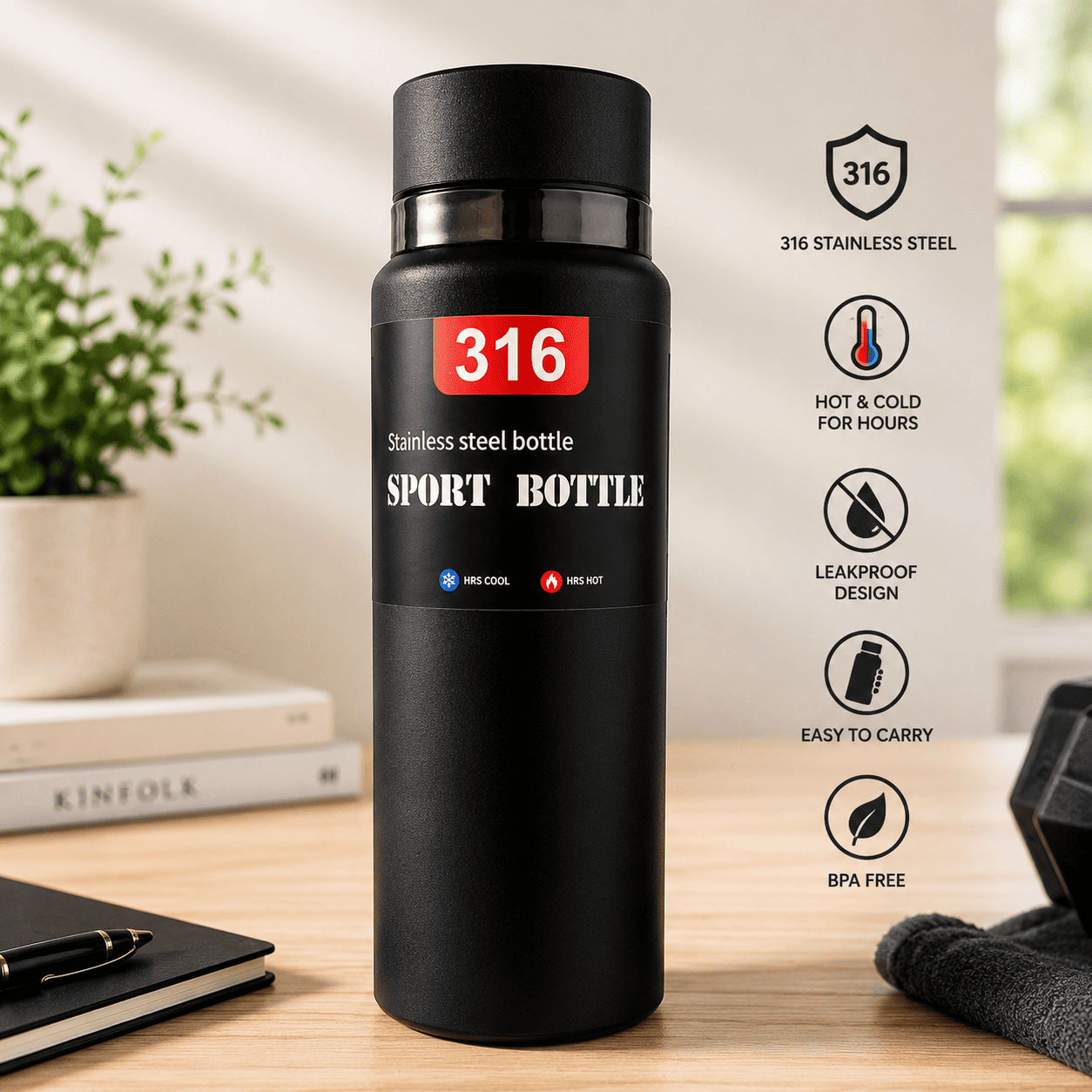 316 Stainless Steel Vacuum Insulated Sports Bottle – Black