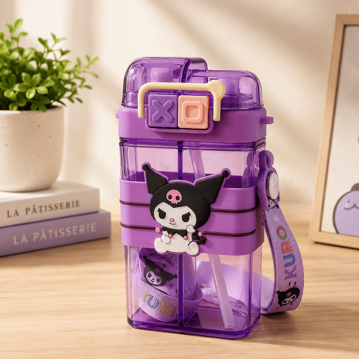 Cute Cartoon Kids Water Bottle with Straw & Shoulder Strap – Purple
