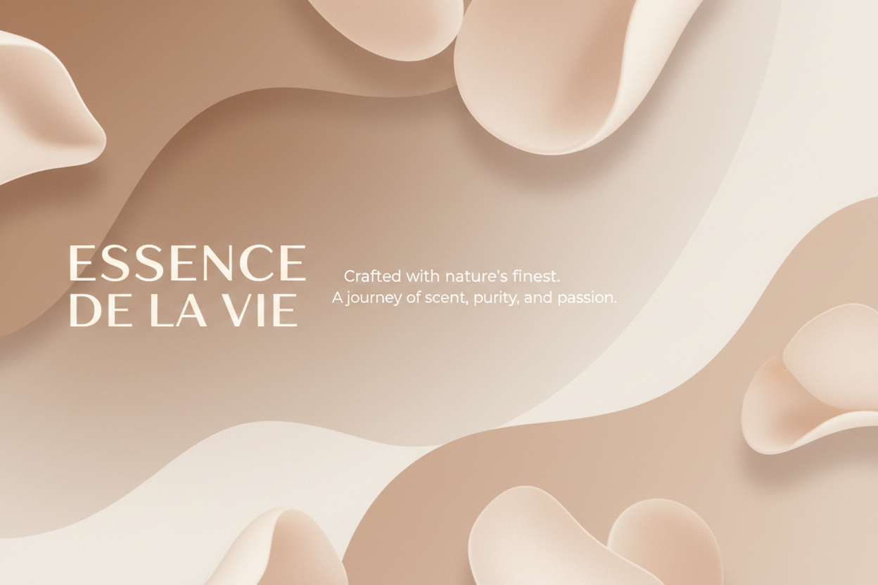 Create a modern lifestyle banner for sc3ntology. Minimalist typography, abstract fluid shapes, natural textures like paper grain or soft shadows. Light brown, nude, and off-white color tones. Perfect for an About Us section with a luxury, contemporary feel